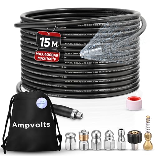 Ampvolts 50FT Sewer Jetter Kit for Pressure Washer 5800 PSI Drain Cleaning Hose with 5 Jet Nozzles & 2 Adapters Compatible with Spray Guns and Power Washers Ideal for Clogged Pipes and Drains