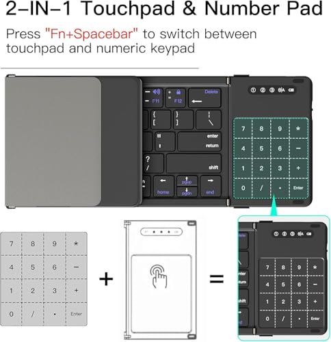 Image of Tobo Foldable Bluetooth Keyboard with Touchpad & Number Pad, Tri-Fold, 3 Bluetooth+2.4GHz, iOS Android Windows macOS, 90 Days Standby, Type-C Rechargeable (TD-BK77T)