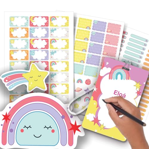 Etiqueta Escolar Menina com TAG + Caneta (Arco-íris, Etiquetas + 1 TAG de Mochila)