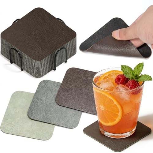 HELI MIAO 16 posavasos de cristal de doble cara de piel sintética, cuadrado, antideslizante y resistente al calor, incluye soporte de almacenamiento (10 cm, marrón oscuro + negro) -para mesa, bar