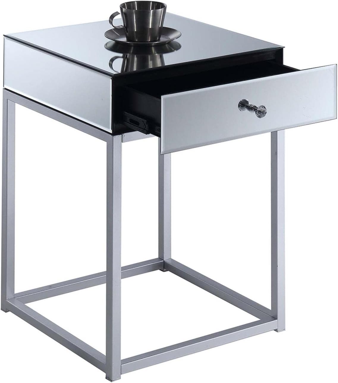 Glamorous Mirrored Square End Table with Metal Frame and Storage