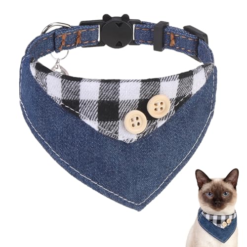 SCENEREAL Breakaway Cat Collar with Bell & Bandana Cute Kitten Collar Suitable for Large Big Cats Black Plaid