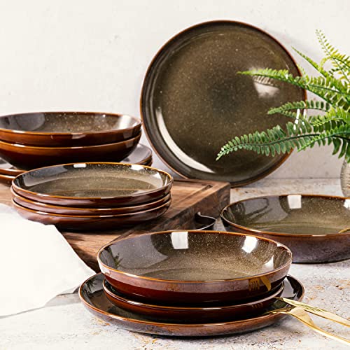 Image of Gibson Elite Edwina 16-Piece Double Bowl Dinnerware Set, Service for 4 - Dark Green Stoneware Plates and Bowls