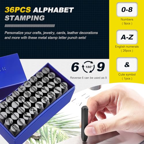 Gueenky 36 Stück Schlagzahlen Set, 10mm Schlagbuchstaben Set, Alphabet A-Z Nummer 0-9, Schlagbuchstaben Metall, Schlagstempel Zahlen zum Stempeln von Metall Kunststoff Holz Leder