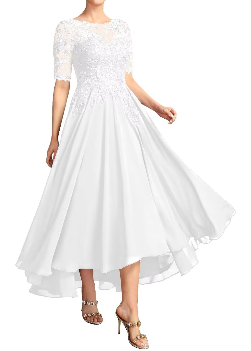 Lace Chiffon Mother of The Bride Dress for Wedding with Sleeves Tea Length Formal Dress