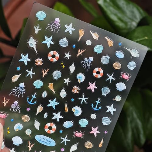 Image of Ocean Nail Stickers Decals Starfish Shell Nail Art Decals Summer Nail Art Stickers 5D Embossed Design for Women Girls Kid Manicure DIY Decoration Supply Accessories
