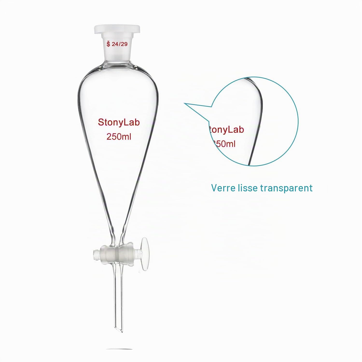 stonylab Entonnoir Séparateur avec Robinet en Verre, Entonnoir en Borosilicate à Joint 24/29 pour Séparation Précise de Liquides en Laboratoire, 250 ml