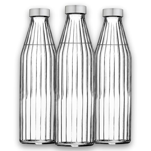 Image of SAND DUNE ClearColour Glass water bottle, 800 ml Each, Set of 3, with Leak-Proof Airtight Stainless-Steel Lid for Water, Smoothie, Juices - Reusable Travel Glass Drinking Fridge Bottles