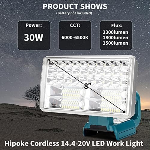Hipoke 18V Cordless LED Work Light Portable Outdoor Wide&Long-Range Jobsite Lamp with USB Charge Port,8 inch 3300lm Flashlight Compatible with MaKita 14.4V-20V Lithium Battery BL1860B BL1850B BL1840