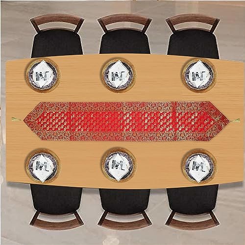 Image of Traditional Brocade Silk Table Runner for Living Room 4 to 6 Seater Dining Table Runner Elephant End Tassels 14x80 Inches (Red)