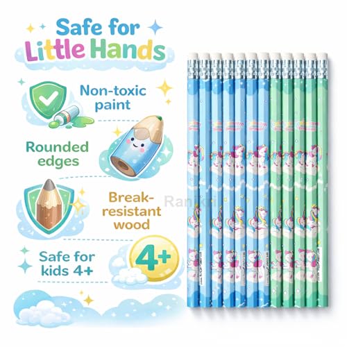 Image of Unicorn Dream HB Pencils for Kids (12 Pcs) | Cute Printed Student Writing Pencil Set with Eraser | School Stationery, Handwriting Practice, Return Gift, Birthday Party Favors