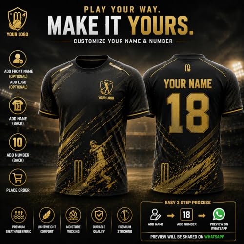 Image of Custom Cricket Jersey for Men, Women & Kids | Personalized Name Number Cricket T-Shirt with Team Logo | Black Gold Cricket Team Uniform | Quick Dry Sports Jersey for Matches, Training & Tournaments