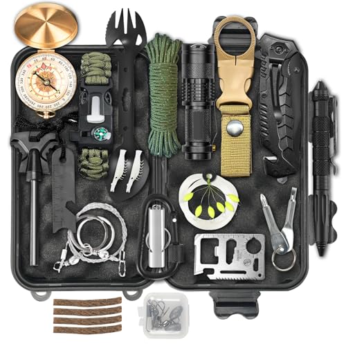 Aleevii 30 in 1 Survival Kit - Professionelles Outdoor Notfall Ausrüstungsset mit Survival Messer, Taschenlampe, Kompass für Camping/Bushcraft/Wandern/Jagden/Outdoor Abenteuer.