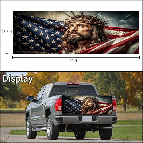 Image of Truck Tailgate Wraps Decals - 66x23.6 in American Flag Tailgate Graphics with Eagle for Trucks Pickup Personalized Decoration, Jesus Sticker Decal