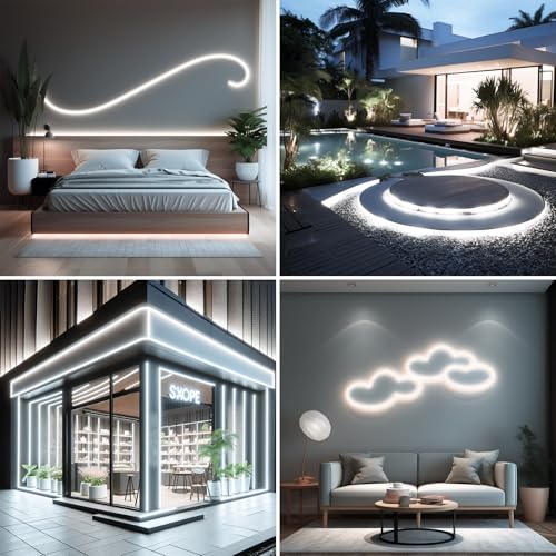 Image of BENLUN 24V 360 Degree LED Neon Light 16.4ft, 6500K Cool White LED Strip Light Outdoor Waterproof, Flexible LED Rope Light for Bedroom Garden Commercial (Power Adapter not Included)