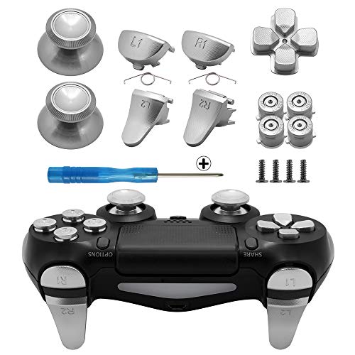 TOMSIN Metal Buttons for PS4 Slim PS4 Pro Controller, Aluminum Metal Thumbsticks Analog Grip & Bullet Buttons & D-pad & L1 R1 L2 R2 Trigger for PS4 Controller Gen 2 (Metal Silver)