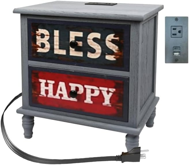 Full Assembled 2 Drawer Real Wood Bedside Table in Farmhouse Style with Build-in Charging Station, Retro Style Paulownia Wood Night Stand/Side End Table 17.7?x12?x18? 2 drawer nightstand with charge station Retro happy bless in blue color