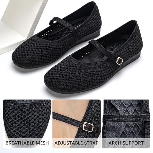 Image of Buyrew Women's Mary Jane Flats Breathable Mesh Square Toe Ballet Flats with Arch Support Washable Non Slip Casual Dress Shoes for Work Office