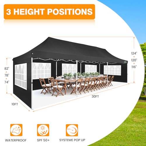 Image of COBIZI 10x30 Pop up Canopy with Roller Bag & 8 Removable Sidewalls, Canopy Tent for Parties, Wedding, and Commercials, Waterproof and Instant Shelter UV50+ Outdoor Gazebo with 4 Sandbags(Pure Black)