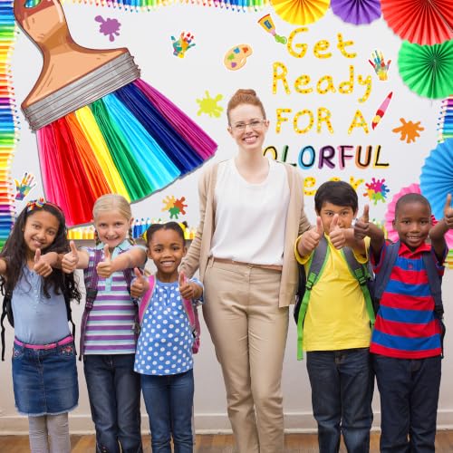 Image of Welcome Back to School Bulletin Board Decorations, Art Classroom Door Decor Set Crayon Border 3D Rainbow Brush Fans First Day of School Painting Paper Cutouts for Bulletin Board Wall Party Supplies