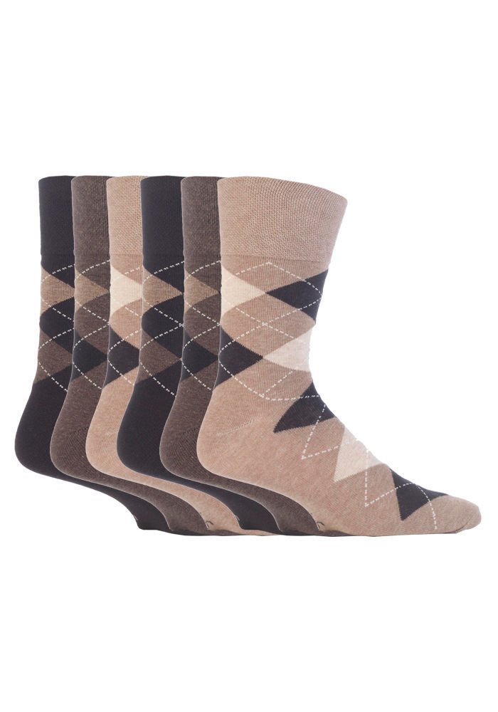 6 pairs Mens SockShop Cotton Gentle Grip Big Foot Socks, Size 12-14 uk 46-50 eur See Various (6 x RJ41 Argyle - Neutrals)