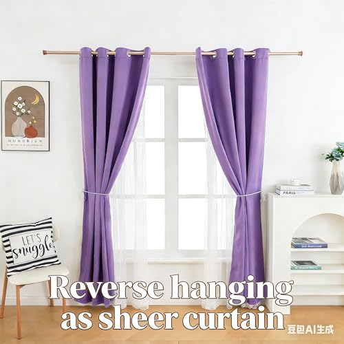 Image of 2 Panels Purple Blackout Curtains 52x84 Inches- Double Layer Lace Grommet for Bedroom, Nursery, Kids Room