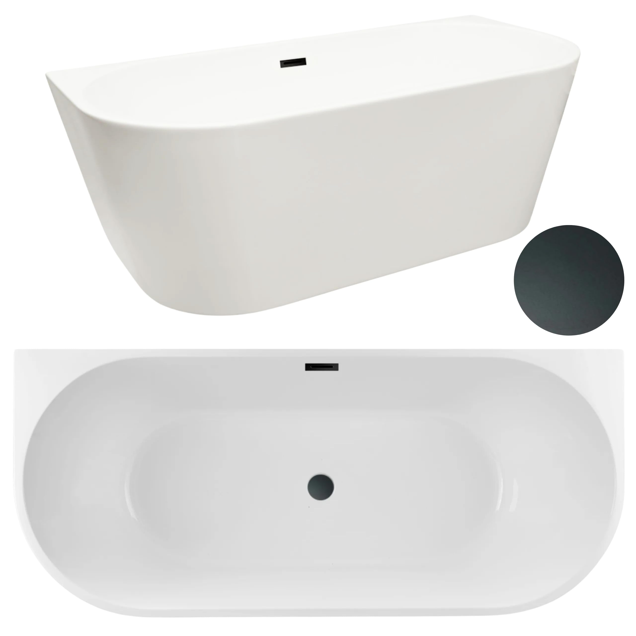 AQUAUNO Freistehende Badewanne 150 x 75 cm, Weiß | Zur Wandmontage, Hochwertiges Sanitäracryl, Klick-Klack-Ablauf, Überlauf und Ablaufgarnitur in Schwarz