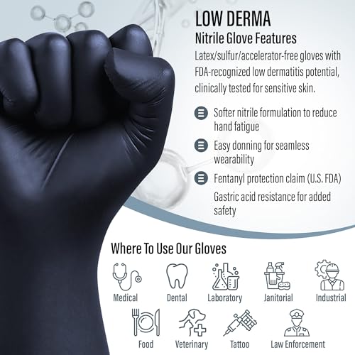 Saf-Care EnSure Nitrile Exam Gloves, Powder-Free, Latex-Free, Chemo Rated, Non-Sterile, Textured Fingertips, Heavy Duty, Medical, Surgical, Food Safe, Tattoo, Cleaning - Black, 5 Mil (100, Medium)