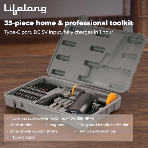 Image of Lifelong Screwdriver Tool Kit Set for Home Use - 35 Pcs | Cordless Portable Tool Box with Impact Sockets, Claw Hammer, Spirit Level, Measuring Tape, Magnetizer /Demagnetizer, Storage Case, Type C Cable