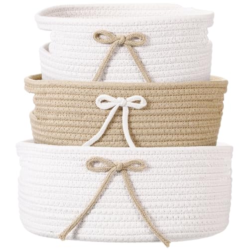 Image of Breling 3 Pieces Bow Laundry Baskets with Coquette for Kids,Basket Bow Woven Gift Baskets with Handles for Living Room Toys Organizer,Girls Nursery Playroom, Pet Toy Basket(Khaki, White)
