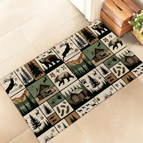 amepay Vintage Bear Indoor Door Mat – Stylish 17x29.5in Non-Woven Fabric Floor Doormat with Deer Rustic Cabin Lodge Forest Design,Retro Doormats,for Porch Insider,Bedroom,Living Room,Decor Rug Gifts