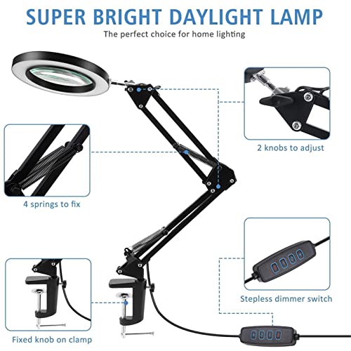 5X Magnifying Glass With Led Light, 10 Level Brightness 3 Colors Workbench Desk Lamp Led Reading Light With Clip And Flexible Arm #TOP5