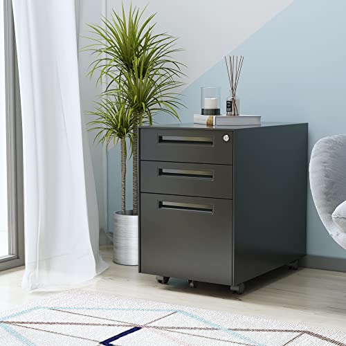 Washsemba 3 Drawer Mobile File Cabinet With Lock,Under Desk Metal Filing Cabinet For Legal/Letter/A4 File,Steel File Storage Cabinet For Home Office (Black) #TOP4