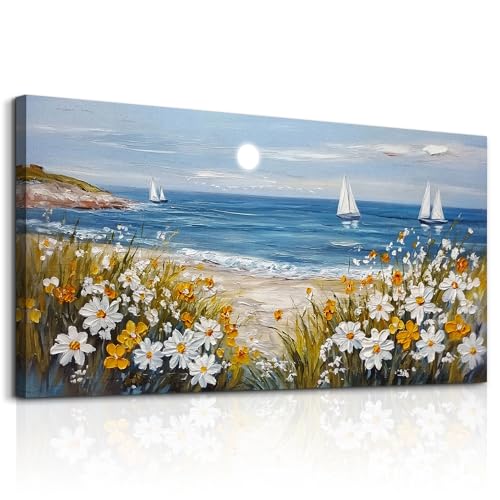 KELIYUAN Wall Art For Dining Room Kitchen Blue Ocean Beach Art Pictures Living Room Decor Vintage Landscape Painting Modern Canvas Print Suitable For Bedroom Office Farmhouse Wall Decor 24x48 In