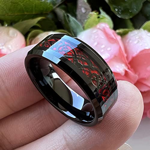 8mm Carbon Fiber Celtic Dragon Tungsten Wedding Bands with I Love You Engraving