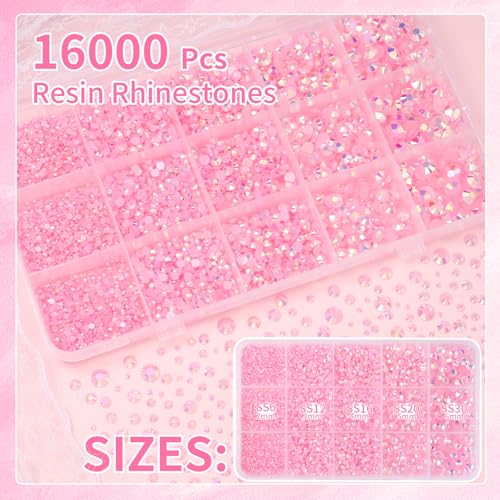 Image of 16000 Pcs Resin Rhinestones for Crafting, Flatback Light Pink Gems Jelly Rhinestones, Mixed Sizes Pink Bedazzling Crystal with Pickup Tool for DIY Crafts Clothing Tumblers Mugs Shoes Fabric Nail Art