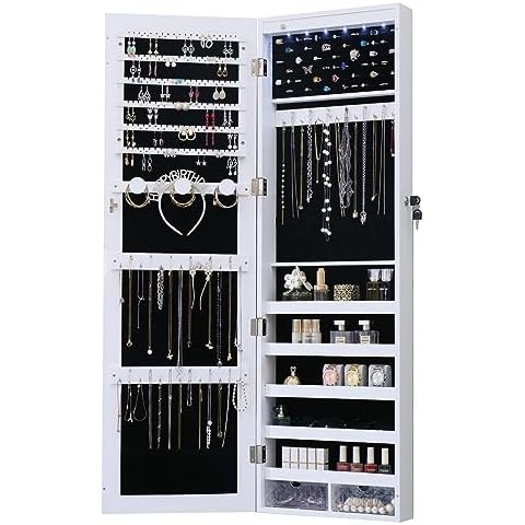 MASMIRE Jewelry Cabinet with Mirror and Lights,Jewelry Cabinet Organizer Armoire Wall Mounted Full Length Mirror with Jewelry Cabinet With Jewelry Storage Cover