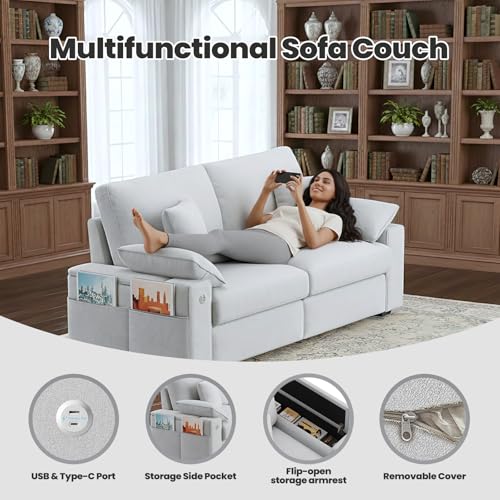 Image of 76 inch Modern Sofas for Living Room, Comfy Loveseat Sofa with Deep Seat Couch, USB /Type-C Port, Side Storage, Removable Cover, Small Couches for Living Room, Light Grey