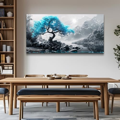 KELIYUAN Canvas Wall Art For Living Room Bedroom Wall Decor For Office Room Hallway Blue Tree Black And White Foggy Pictures Mountain Landscape Painting Home Wall Decor Ready To Hang 20x40 Inches