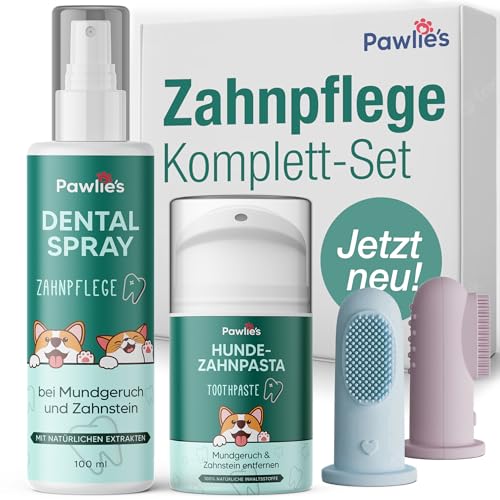 Pawlie's Zahnpflege Set für Hunde & Katzen - Dentalspray, Hundezahnpasta, Fingerling Zahnbürste
