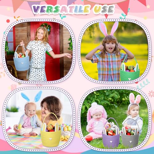 Image of Beeveer 6 Pack Easter Baskets with Handle Woven Bunny Egg Hunt Basket with Rabbit Ears Print Bags Empty Easter Treat Bag Cotton Woven Egg Box for Gifts Party Decorations Favors(Multicolor)