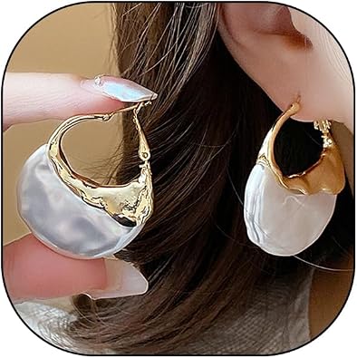 Trendy 14K Gold Irregular Pearl Hoop Earrings for Women,Unique Large Statement Pearl Drop Dangle Earrings,Charm Valentines Day Jewelry Gifts