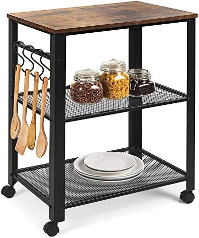 Best Choice Products 3-Tier Microwave Cart Rolling Utility Coffee Bar Serving Cart Organizer for Kitchen, Living Room Accent Furniture w/ 2 Metal Storage Shelves, 4 Hooks, Wood Finish Top, Wheel Locks