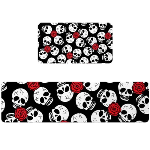 Alfombrillas de cocina lavables con estampado de calaveras y rosas rojas sobre negro 2