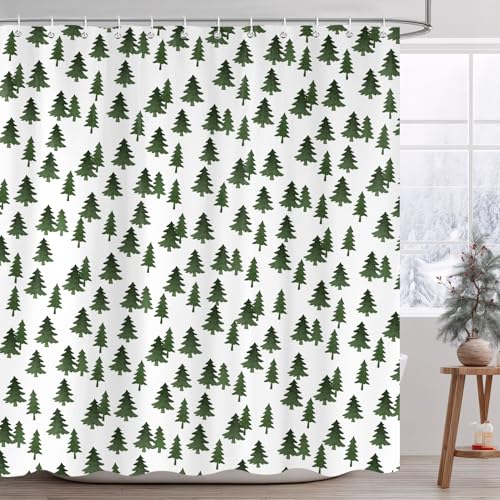 Raoycla Winter Christmas Shower Curtain, Green Christmas Tree Snow Pine Forest Simple Modern Neutral Fabric Shower Curtains for Bathroom, Xmas Holiday Nature Scene Bath Curtain with 12 Hooks 72X72IN by Raoycla - Used condition - Image 3