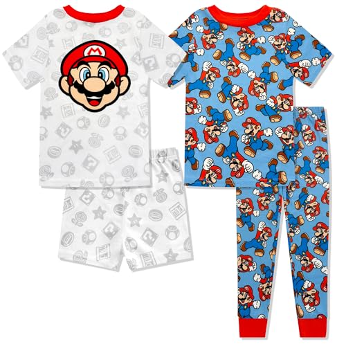 Super Mario 4 Piece Pajama Set - Boys PJs with Short Sleeve Shirt Shorts & Pants - Kids Sleepwear Set - Official License