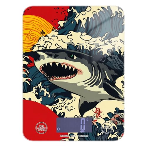 Shark - Báscula digital de alimentos con pantalla LCD de estilo japonés para cocina, 11 libras/1 onzas, báscula de cocina de 5 kg/5 g en gramos con 4 unidades para dietas de espresso (pilas no
