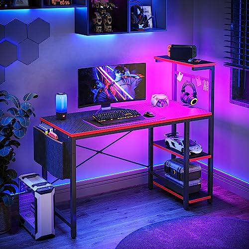 Bestier 113CM Reversible Corner Gaming Desk with RGB LED Lights, Black Carbon Fibre Surface, Storage Shelves, Side Pocket & Hooks, Compact Computer Desk for Small Spaces & Home Office - Image 3