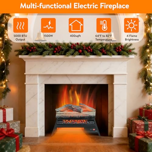 Image of 23 inch Electric Fireplace Log Set, Fireplace Heater w /Adjustable 4 Flame Brightness, Realistic Flame & Log, Remote, Timer, Thermostat, 1500W
