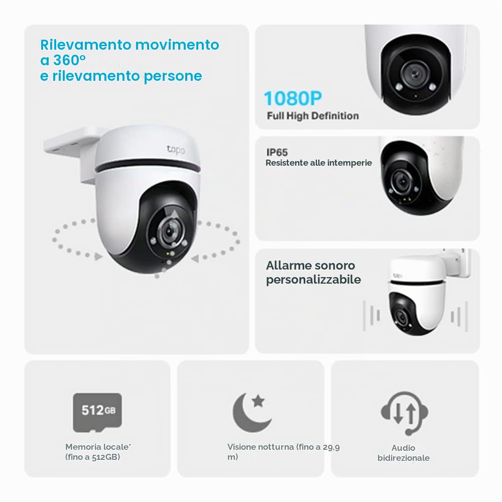 Tapo C500 Telecamera Wi-Fi Esterno FHD, 360° Visuale, Telecamera IP di Sorveglianza, IP65, Visione Notturna a Colori, Rilevamenti Smart AI, Audio Bidirezionale, Allarme sonoro personalizzato